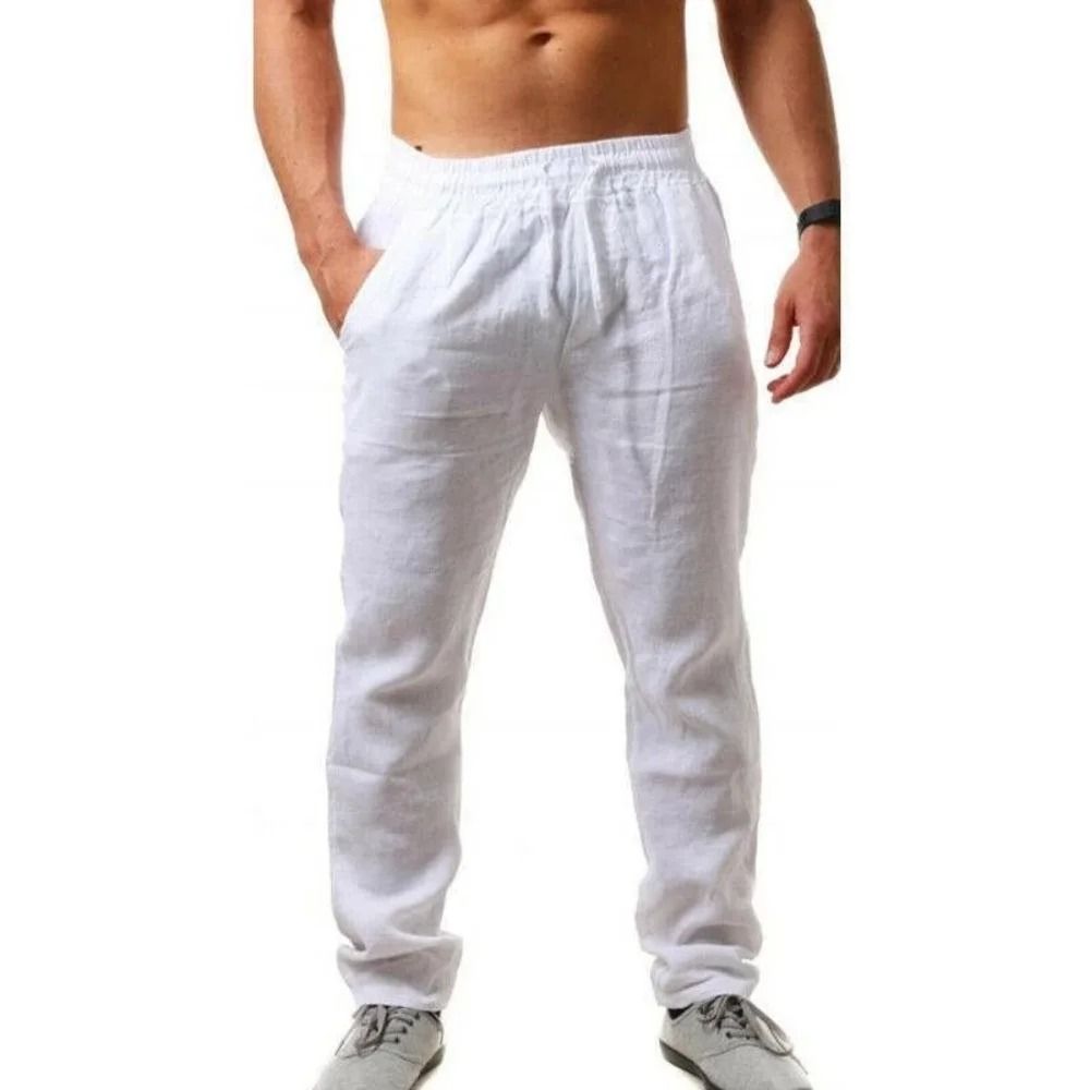 Men Cotton Linen Pants Breathable Solid Color Drawstring Trousers Casual Loose Fit Streetwear s white