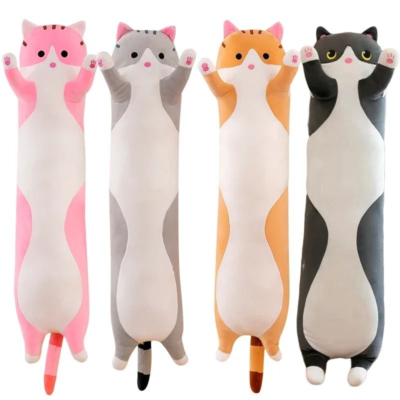 Long Cat Plush Pillow Soft Sleeping Plushie Doll 27.6 In black
