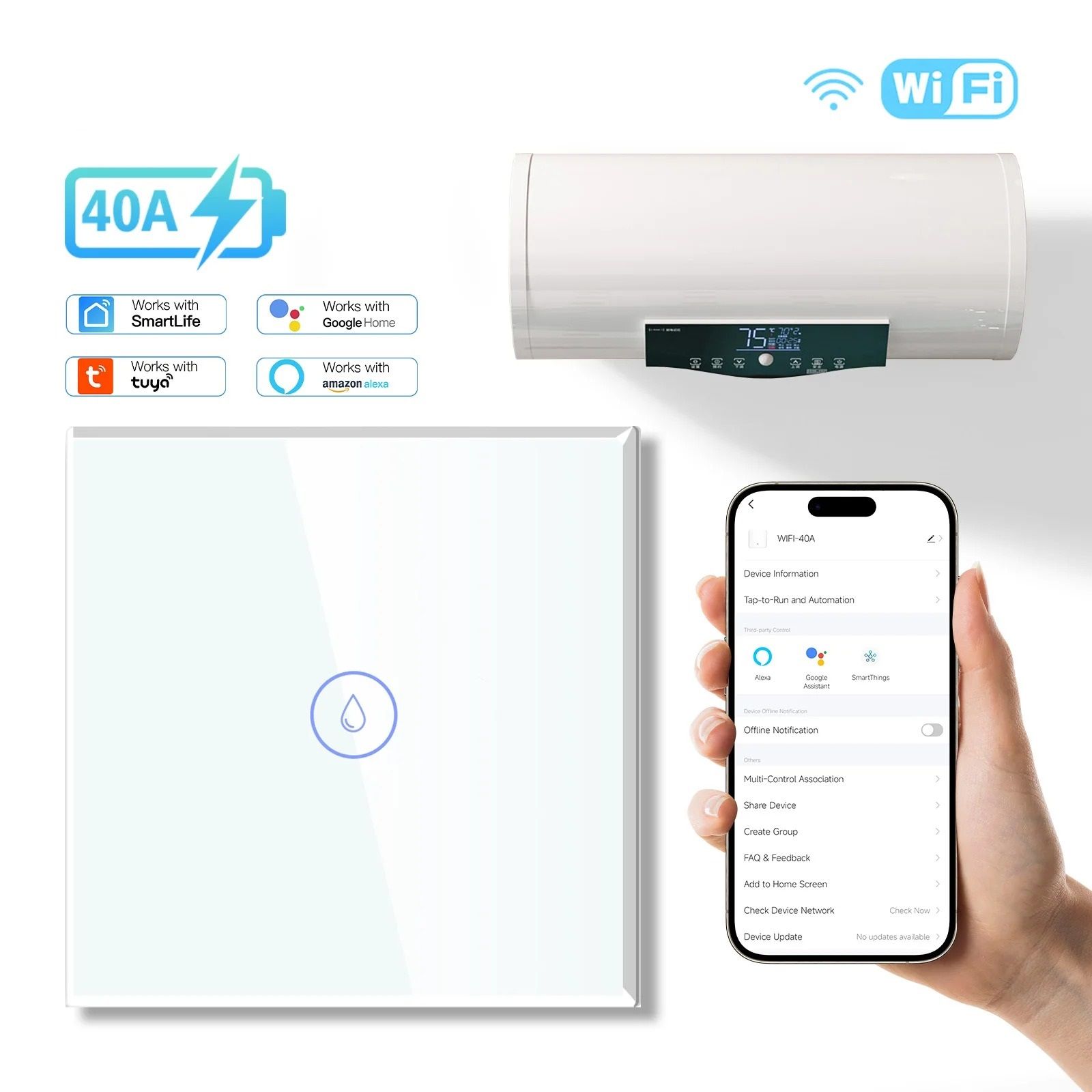 Smart Wall Switch For WiFi Controlled Water Heater With Voice And App Control gold Socket Cover 40a Switch