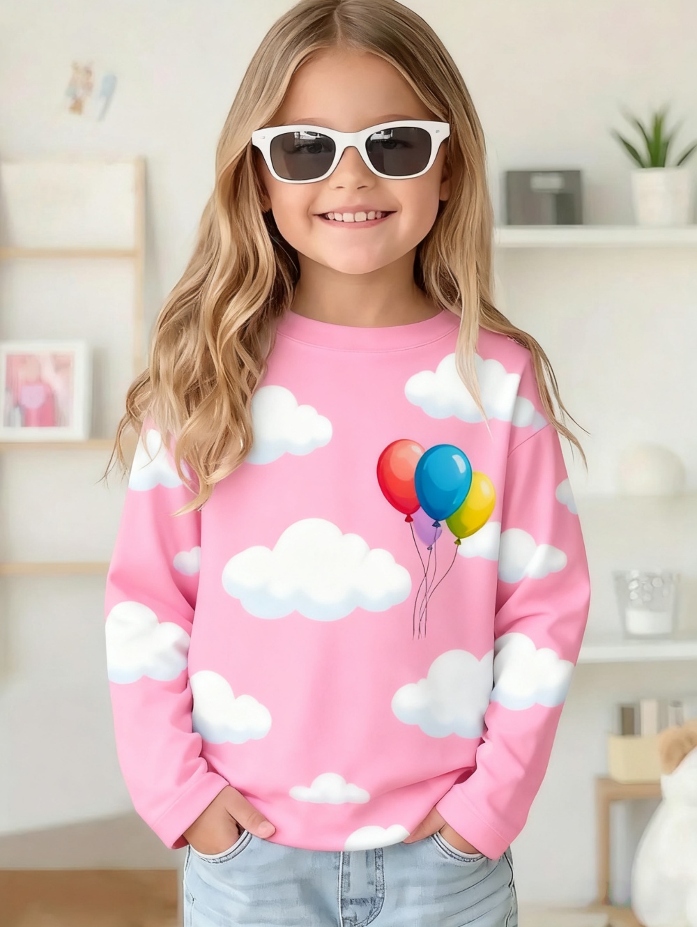 Cute Pink Clouds 3D Print Kids T Shirt, Girls Long Sleeve Top, Casual Comfort Childrens Clothing For Autumn Outdoors cxs002dv 140