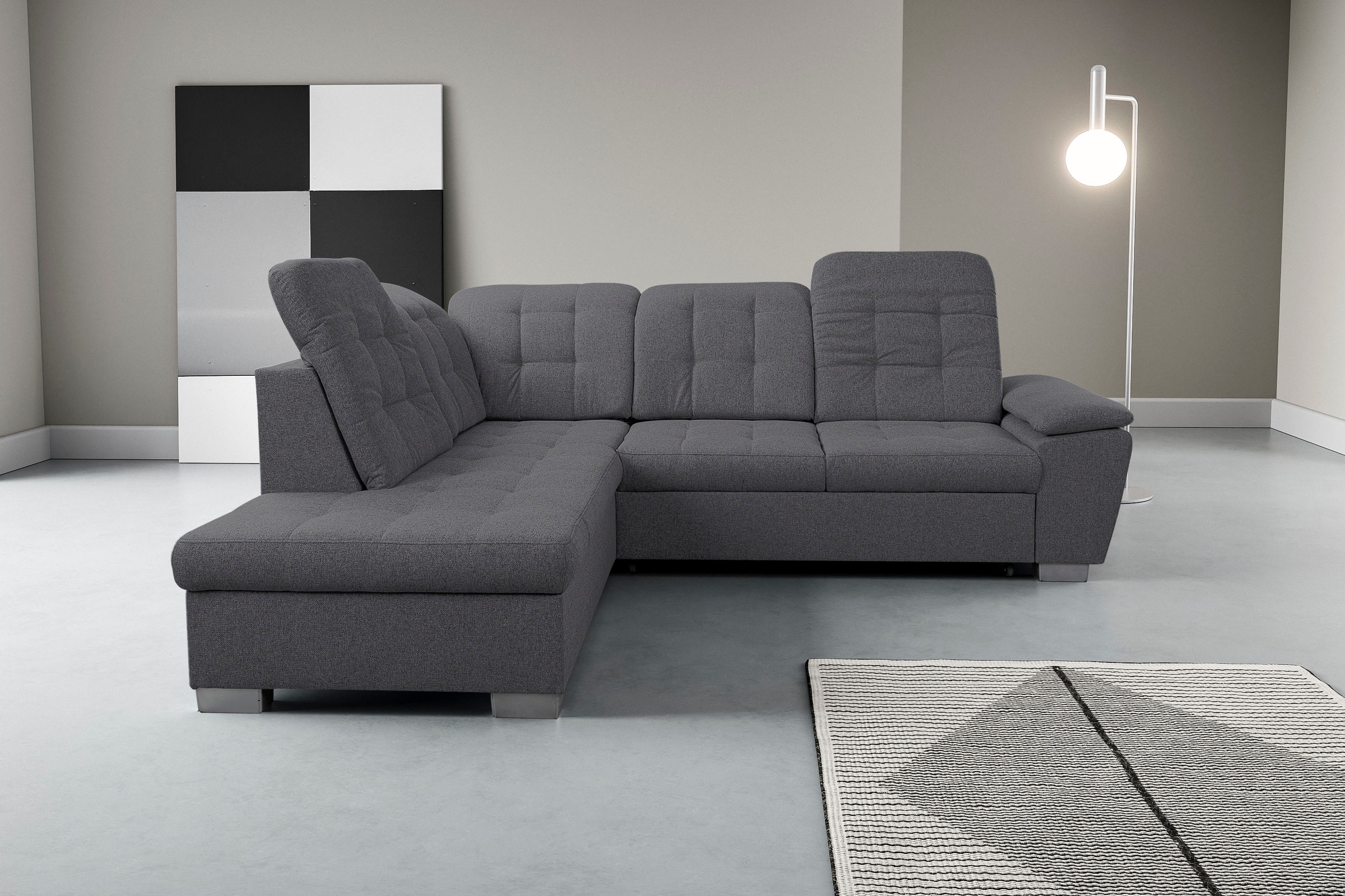 Ecksofa WERK2 "Bonny inkl. Kopfteilverstellung, Bettfunktion, Stauraum, Breite 265cm", grau, B:265cm H:103cm T:215cm, 100% Polyester, Sofas, Ecksofa, Komfortwunder mit Schlaffunktion, verstellbarem Kopfteil & Stauraum.