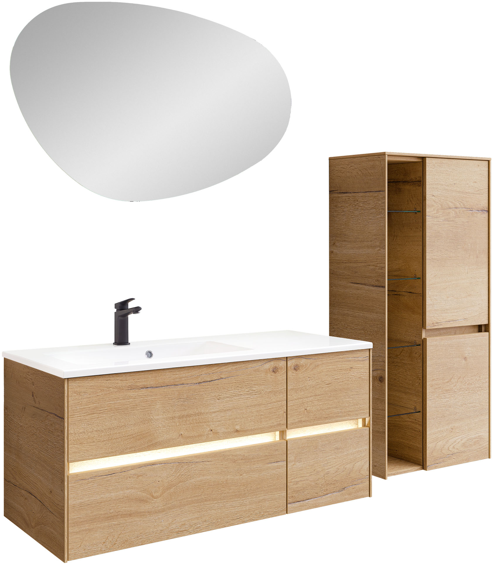 Badmöbel-Set SAPHIR "Badmöbel-Set Serie 6010 Solid-Surface-Waschtisch mit Unterschrank", halifax eiche quer nachbildung, B:113cm H:200cm T:50cm, Spanplatte, Kastenmöbel-Sets, Badmöbel-Set, Badmöbel-Set mit Waschtisch, Spiegel und Midischrank,...