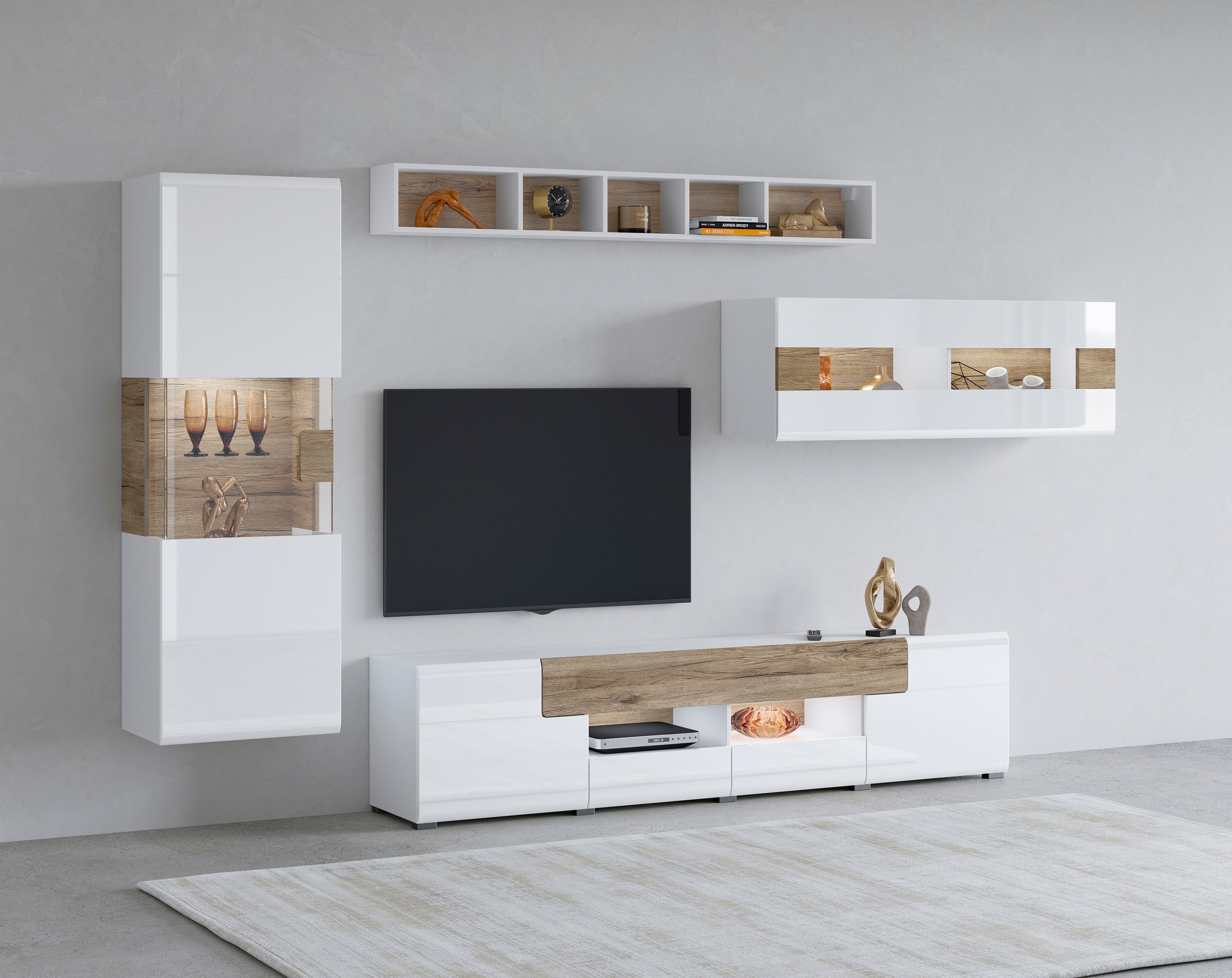 Wohnwand OTTO HOME "Toledo,Breite 391cm stilvolle Mediawand ohne Beleuchtung", weiß (weiß, weiß hgl, sanremo), B:261cm, ABS-Kunststoff, Glas, MDF, Melamin, Metall, Kastenmöbel-Sets, Wohnwand, Anbauwand (2xHängevitrine,Lowboard,Hängeregal)MDF...