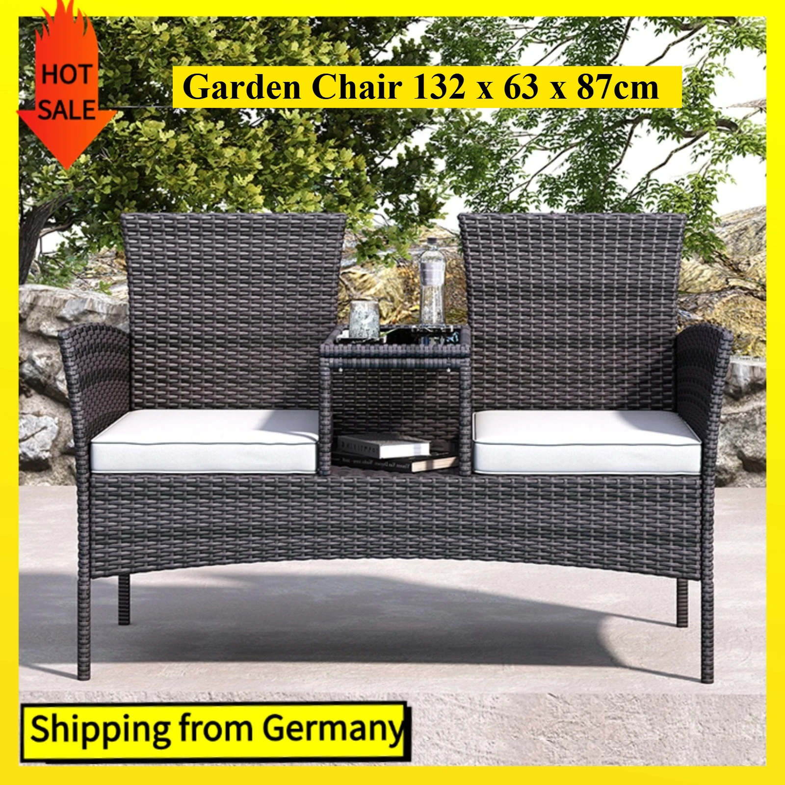 Comanlai Banc de jardin en rotin avec mini table et coussin, chaise de jardin 2 places résistante aux intempéries, canapé de jardin 132 x 63 x 87 cm