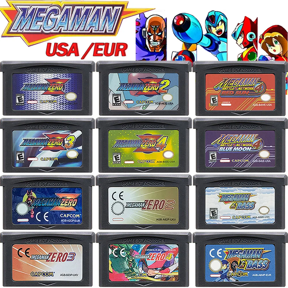 Mega MaN GBA Games Cartridge 32 Bit Video Game Console Card Zero 1-4 Red Sun Blue Moon for GBA