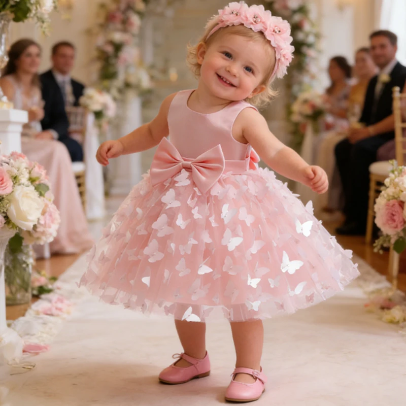 Weißes Hochzeitskleid für Babys, Mädchen, Schleife, Schmetterling, Tutu-Kleid, Kleinkind, Blumenmädchen, Taufe, Geburtstagskleider mit Stirnband Image