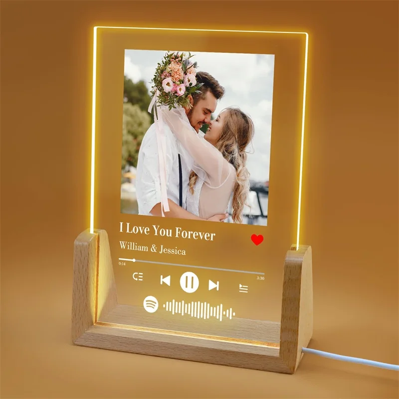 Benutzerdefinierter Spotify-Fotorahmen, personalisiertes Liedbild, Acrylplakette mit LED-Nachtlicht, individuelles Geschenk für Ihr Paar Image