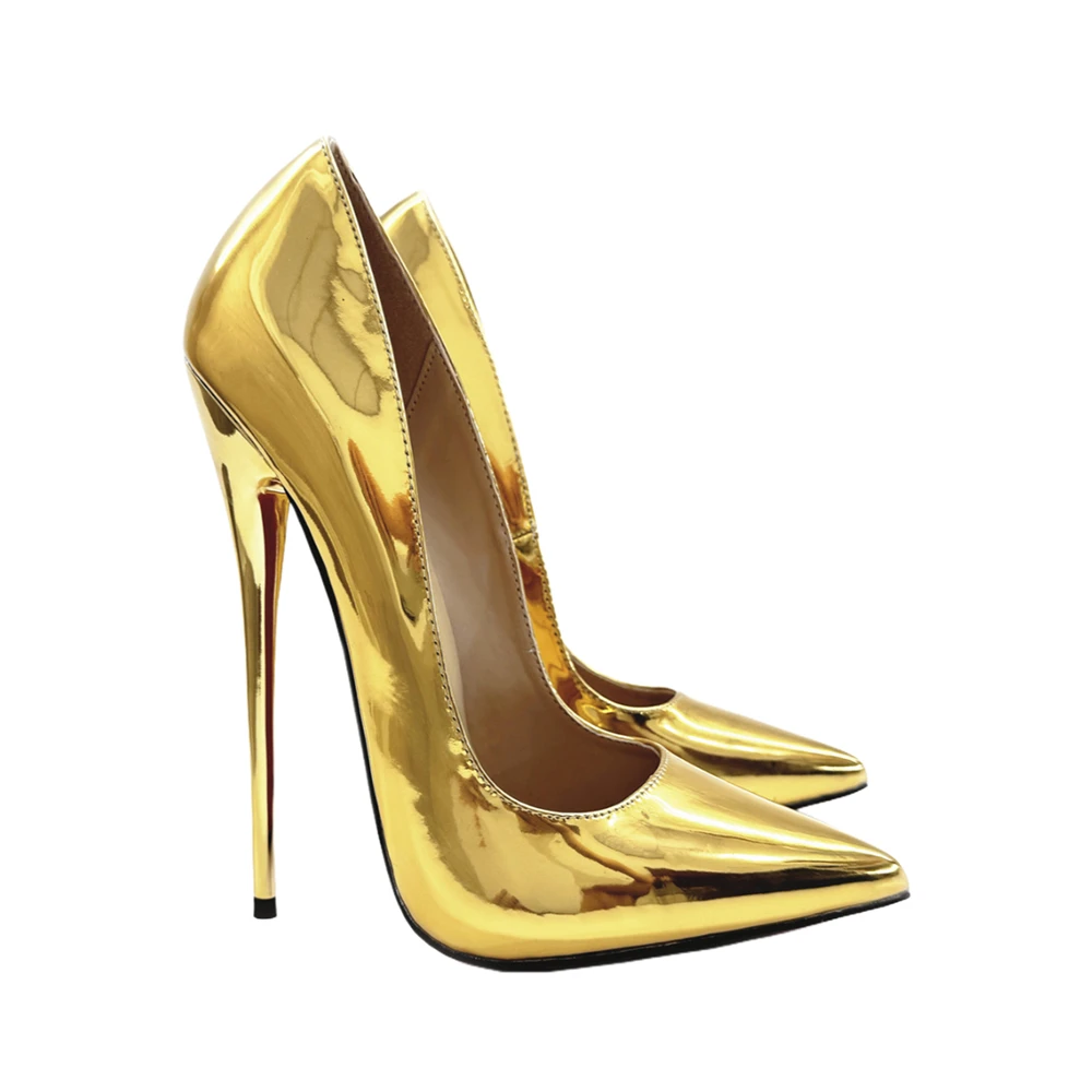 Metallic-Spiegel-Gold-High-Heels, 16 cm, lackierter Absatz, spitze Zehen-Heels, sexy Stil, extreme Stilettos, Slip-on-handgefertigte High-Heels Image