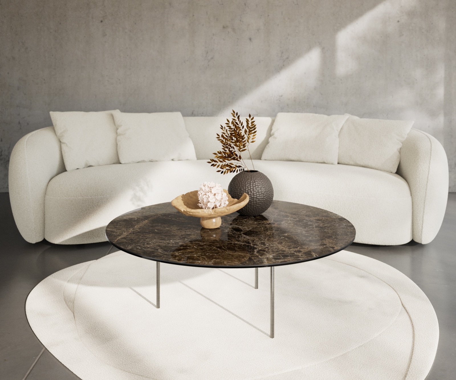 DELIFE Couchtisch Edge Rund 100x100 cm Keramik Laminam® Emperador Extra Lucidato Dunkelbraun Trive Edelstahl gebürstet, Couchtische Image