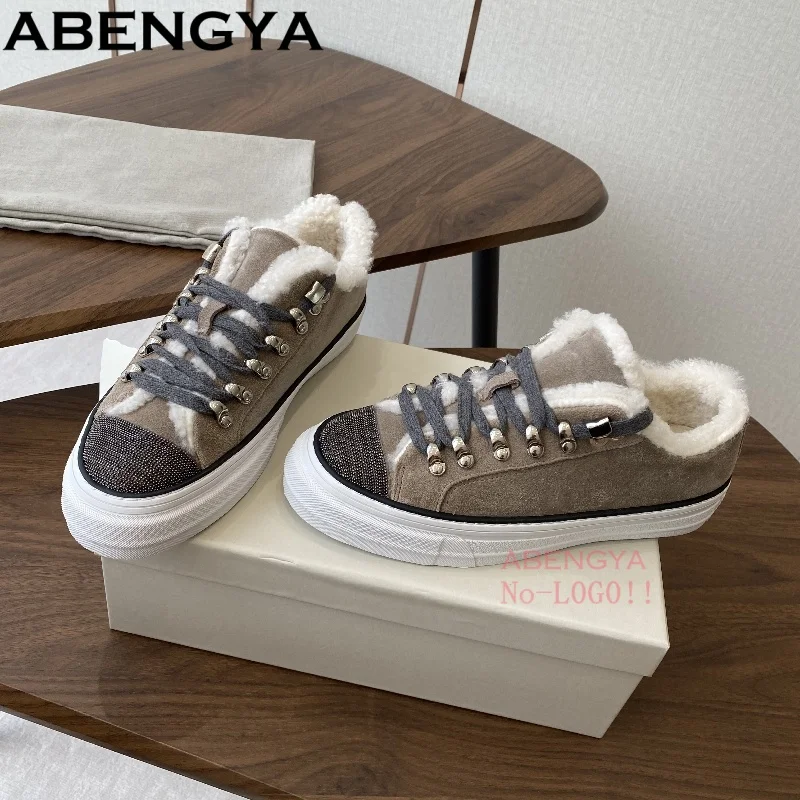 ABENGYA Winter Lace Up Wolle Flache Freizeitschuhe Frauen Plattform Turnschuhe Wildleder Leder Warme Schuhe Damen String Bead Spaziergang Schuhe Image