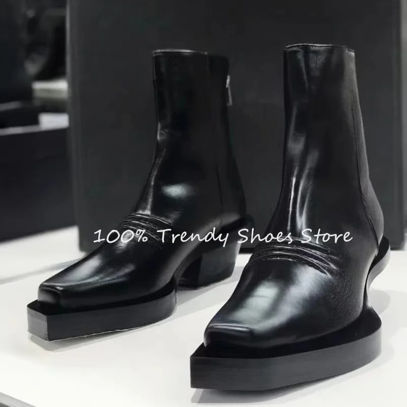 Mode Asymmetrie Chunky Bottom Frauen Chelsea Stiefel Karree High Heel Zipper Kurze Stiefel Damen Schwarz Motorrad Stiefel