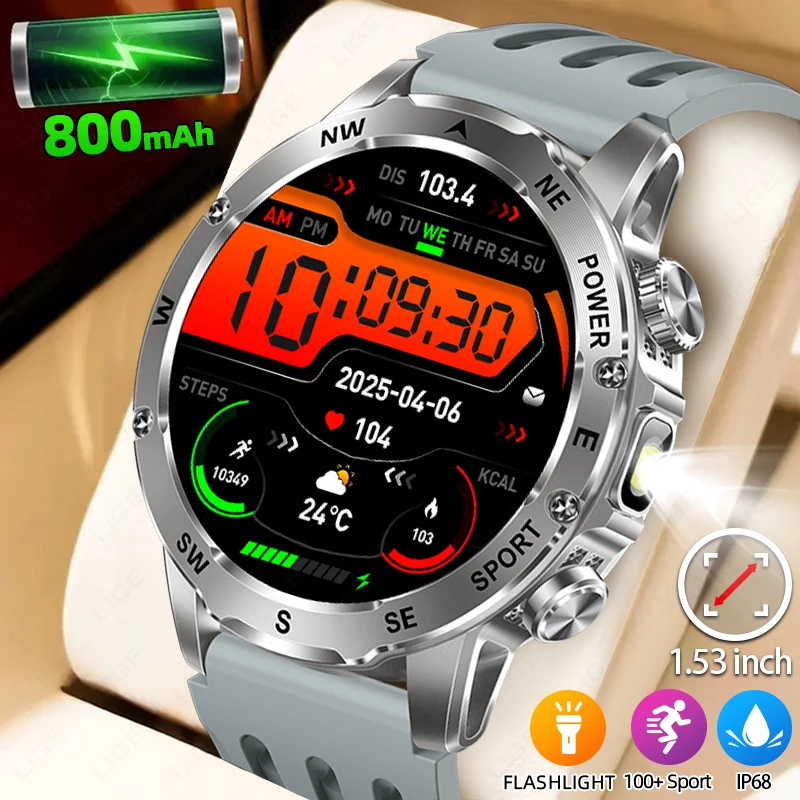 LIGE 800 mAh Super Kapazität Batterie Smart Uhr Männer Kompass Taschenlampe 1,53-zoll Bluetooth Anruf IP68 Wasserdichte Sport Smartwatch Image