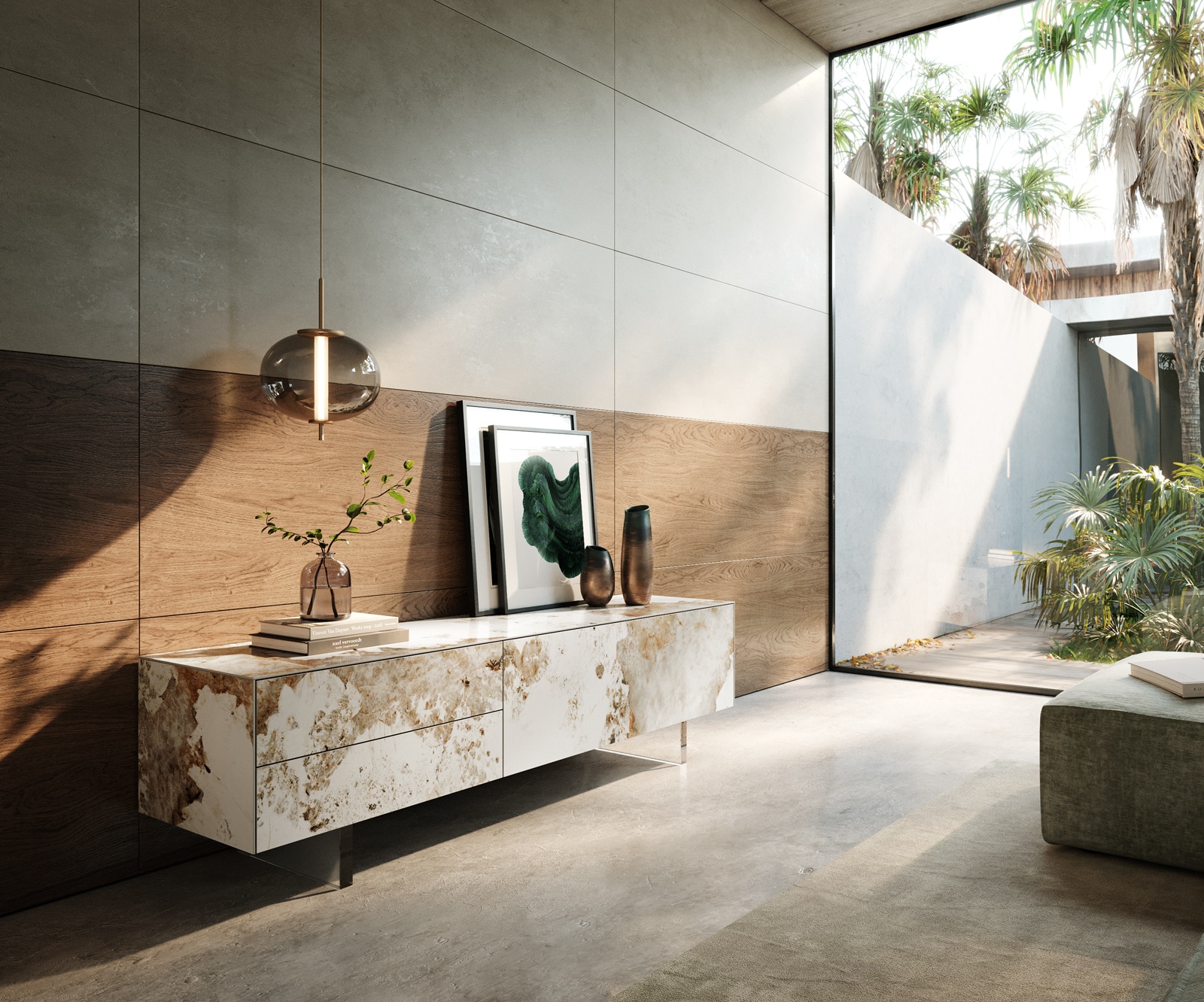 DELIFE Lowboard Cuor 180 cm Keramik Minas Melange Weiß-Beige 1 Klappe 2 Schubfächer Fuß Schwebeoptik Acrylglas, Lowboards Image