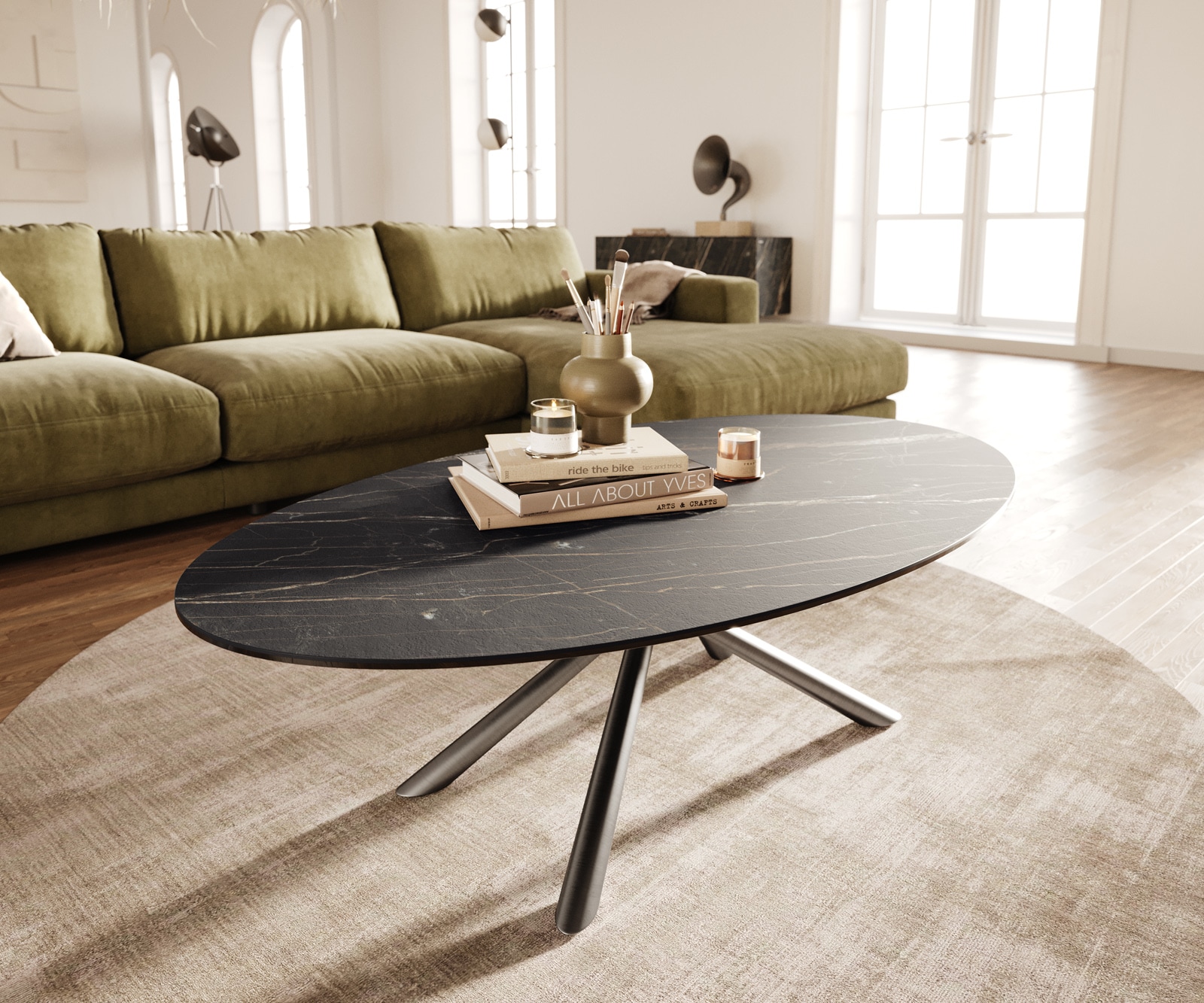 DELIFE Couchtisch Edge Oval 140x80 cm Keramik Laminam® Noir Desir Braun Sarity Edelstahl gebürstet, Couchtische Image