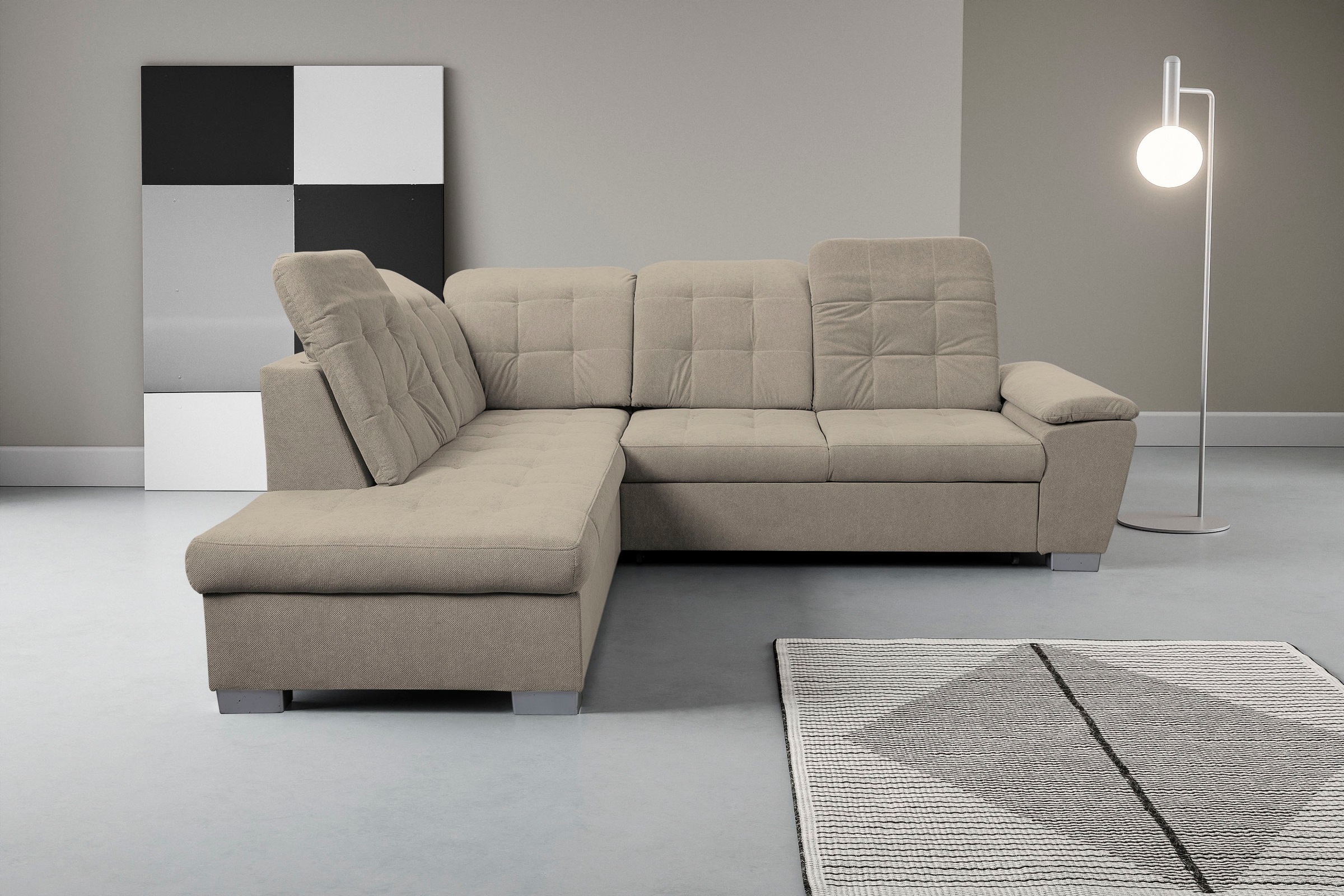 Ecksofa WERK2 "Bonny inkl. Kopfteilverstellung, Bettfunktion, Stauraum, L-Form", beige, B:265cm H:103cm T:215cm, 100% Polyester, Sofas, Komfortwunder mit Schlaffunktion, verstellbarem Kopfteil & Stauraum.