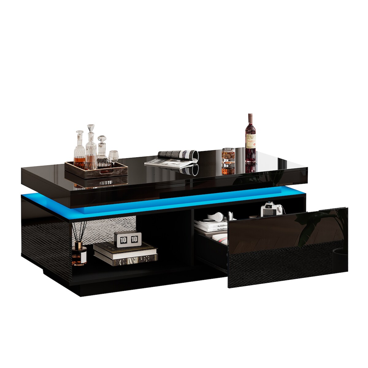 OKWISH LED-Couchtisch mit Stauraum, Hochglanz-Schublade, robuste Spanplatte, LED-Beleuchtung, modernes Wohnzimmermöbel, Schwarz 100x50x40 cm Image