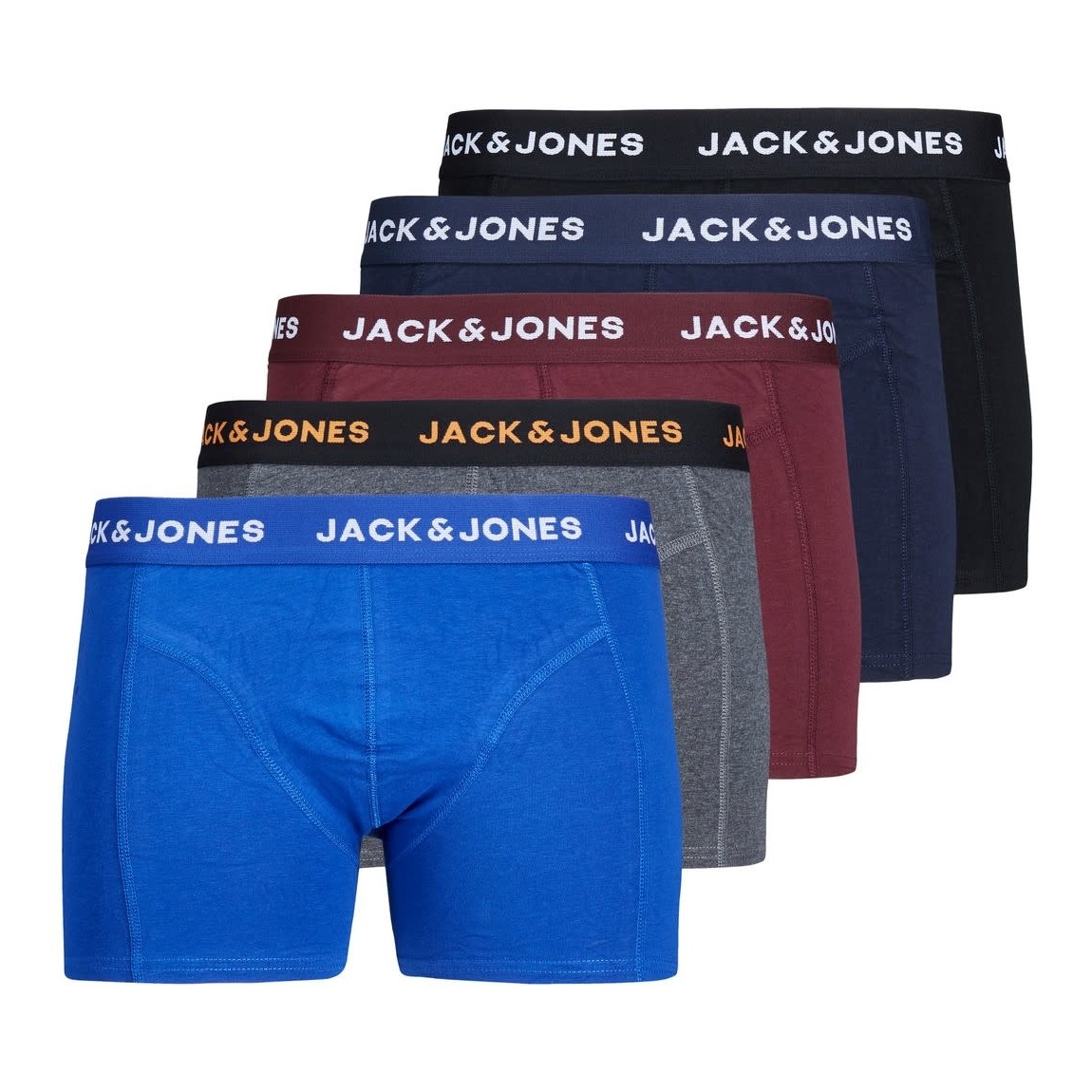 Herren Boxershorts 5er-Pack Jacblack der Marke Jack & Jones. Marke: Jack & JonesModellname: 5-Pack JacblackKategorie: Herren BoxershortsMaterialien: Baumwolle, ElasthanFarbe: blau, grau, schwarz, bordeaux Image