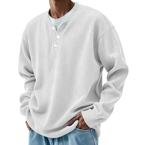 Herren Cordhemd Henley Hemd T-Shirt Langarm Einfarbig Einfach Gestreift Mode Designer Lässig Knöpfe Warm Henley Lässig Täglich Outdoor Herbst Winter Herbst Winter Dunkelrot Schwarz Weiß Henley T-Shirt Image