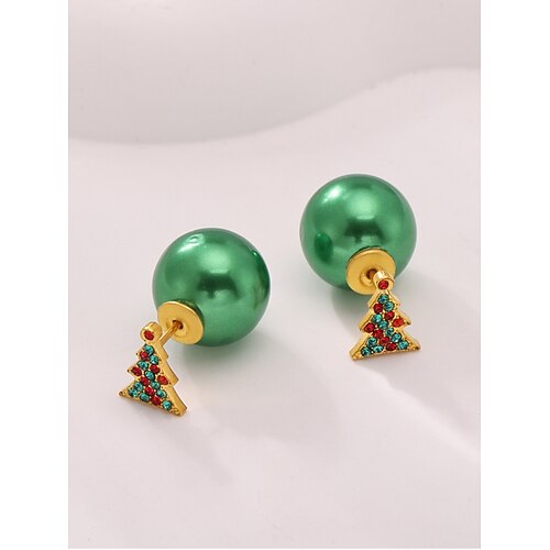 Damen Weihnachtsbaum-Ohrhänger mit grüner Perle und rot grüne Strasssteine, festlicher Weihnachtsschmuck Image