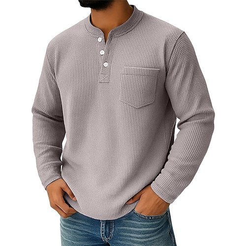 Herren Waffel-Henley-Hemd T-Shirt Langarm Einfarbig Einfach Texture Mode Designer Lässig Tasche Knöpfe Henley Lässig Täglich Outdoor Sommer Frühling Herbst Rosa Grau Purpur Henley T-Shirt Image
