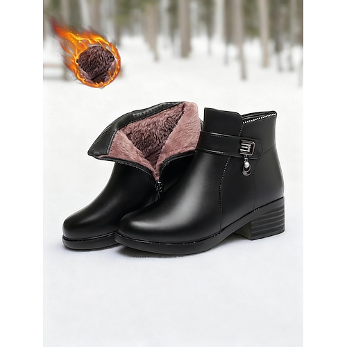 Schwarze Damenstiefeletten aus Leder mit Wollfutter – Reißverschluss, warme und bequeme Winterstiefel für Freizeit und Outdoor Image