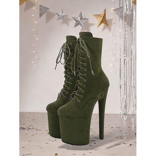 Damen-Plateaustiefel aus hautfarbenem Wildleder mit Schnürung – ultrahohe Absätze für Pole Dance und Nachtclub-Performance Image