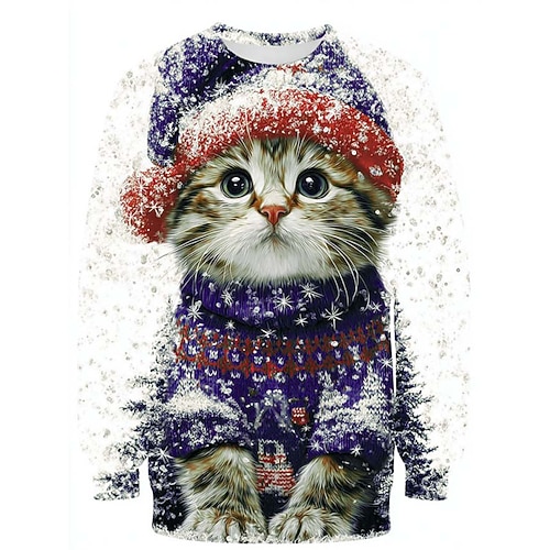 Damen Pullover Sweatshirt Grafik Tiermotiv Katze Aktiv Niedlich Lässig Langarm Rundhalsausschnitt Normale Oberteile Lässig Straße Ferien Druck Blau Rote Grün Frühling Herbst Winter