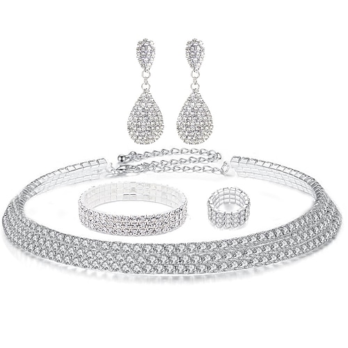 luxuriöses silbernes Strass-Schmuckset – funkelnde Halskette, Armband und Ohrringe aus Kristall in Tropfenform für Damen Image