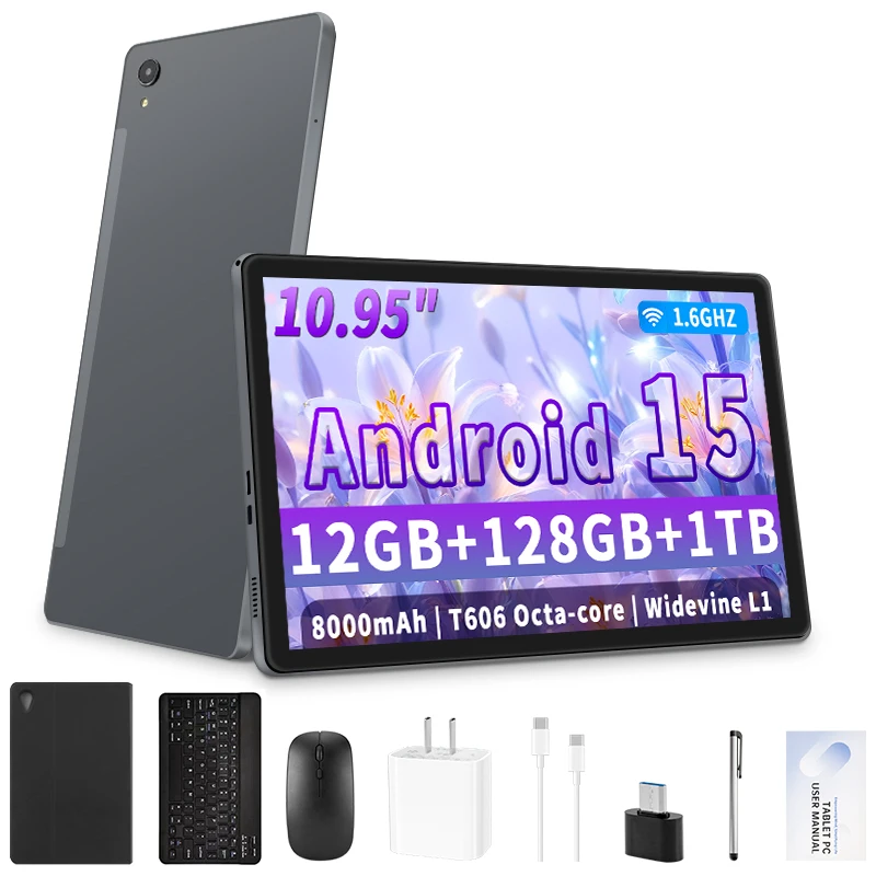 Android 15 Tablet 12 GB RAM 128 GB ROM 1 TB erweiterbar, 2025 Android-Tablets 10,95 Zoll 8000 mAh mit Tastatur-Maus, GMS-zertifiziert Image