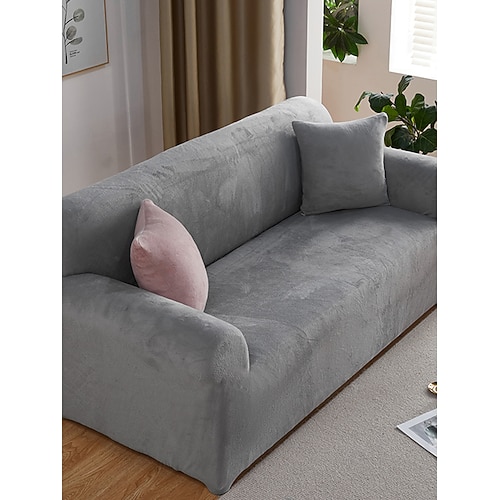 1 Stück winterwarmer, plüschiger, einfarbiger, elastischer Sofabezug – moderner, minimalistischer, rutschfester, universeller Sofaschutz, geeignet für L-förmige Sofas und 1/2/3/4-Sitzer-Sofas Image