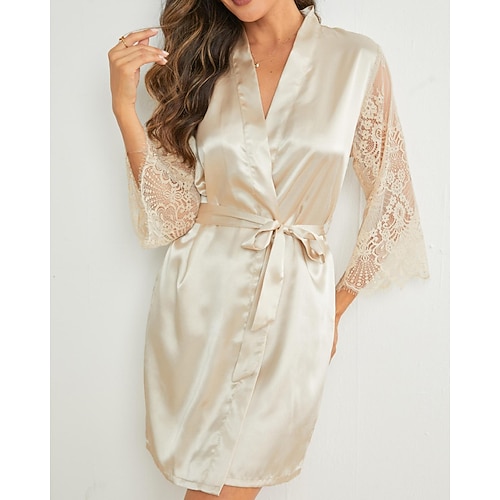 Damen Schlafanzug Nachthemd Warm Mode Sexy Einfarbig Satin-Seidenpyjamas Spitze Heim Bett Langarm V Ausschnitt Schwarz Weiß Champagner Herbst Winter Normale Passform Image