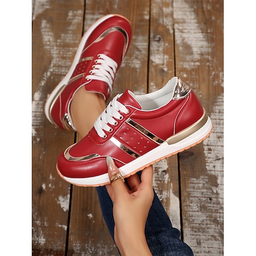 trendige Freizeit-Sneaker mit Metallic-Akzent für Damen – stylische Schnür-Sneaker in Weiß, Blau und Rot Image