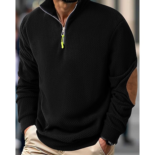 Herren Poloshirts Viertel-Reißverschluss-Poloshirt Alltagskleidung Date Viertelreißverschluss Langarm Mode Basic Einfach Jacquard Reißverschluss Herbst Winter Normale Passform Schwarz Himmelblau Image