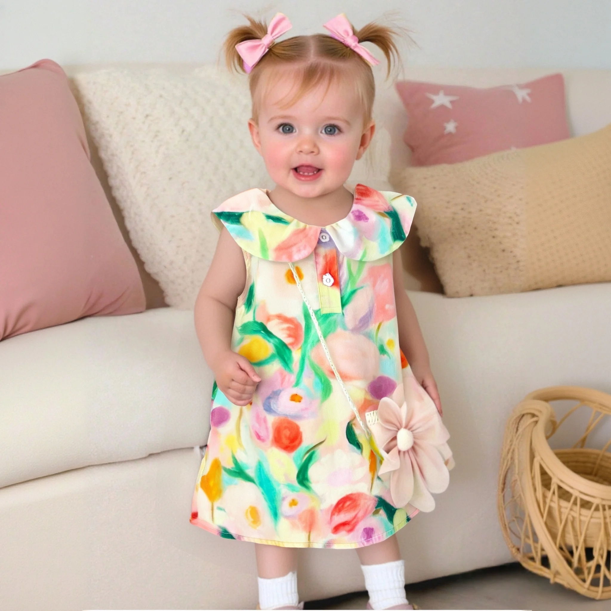 Baby Mädchen Kleid Sommer Neue Revers Handgemalte Wind Blumen Und Diagonal Kreuz Kleine Blume Tasche Süße Prinzessin Kleid Image