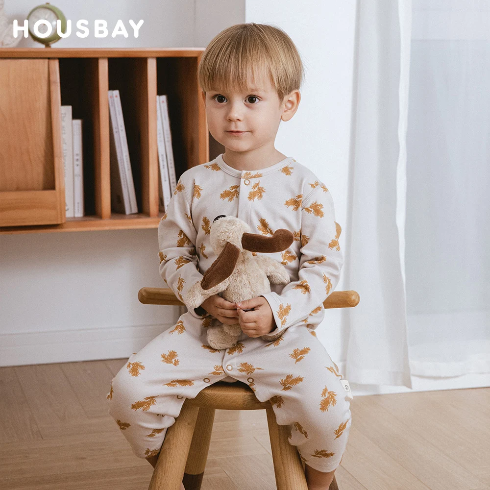 Baby-Strampler, 100 % Baumwolle, Baby-Pyjama, Handschutz-Design, nahtlose Verarbeitung, Weizen-bedruckt, 2–9 Monate Baby-Nachtwäsche Image