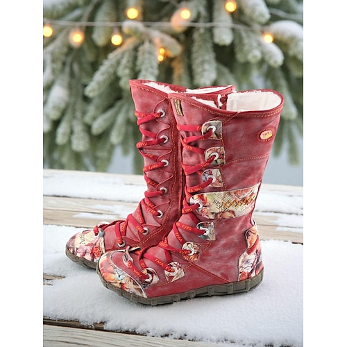 Damen Stiefel Sicherheitsstiefel Handgefertigte Schuhe Vintage-Schuhe Weihnachten Outdoor Täglich Farbblock Buchstabe Mit Fleece Futter Stiefel mit mittlerer Wade Flacher Absatz Runde Zehe Lässig Image