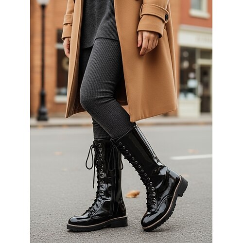 Weiße Damen-Kampfstiefel mit Schnürung, klassische, lässige, adrette Stiefel aus Kunstleder mit mittlerer Wadenhöhe für Büro, Freizeitkleidung und Outdoor-Aktivitäten Image