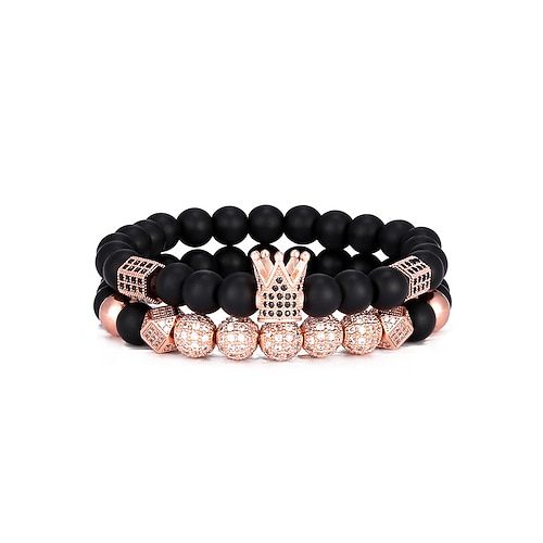 Weihnachtskronen-Perlenarmband-Set für Herren – stilvolle Perlenarmbänder in Schwarz und Roségold mit funkelnden Kristallakzenten – perfekter Weihnachtsschmuck für Männer Image