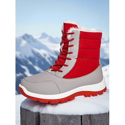 Rote Damen-Winterwanderstiefel mit Kunstfell – strapazierfähige und wasserdichte Schneestiefel im Farbblockdesign für Abenteuer im Schnee, perfekt für Urlaubsreisen Image