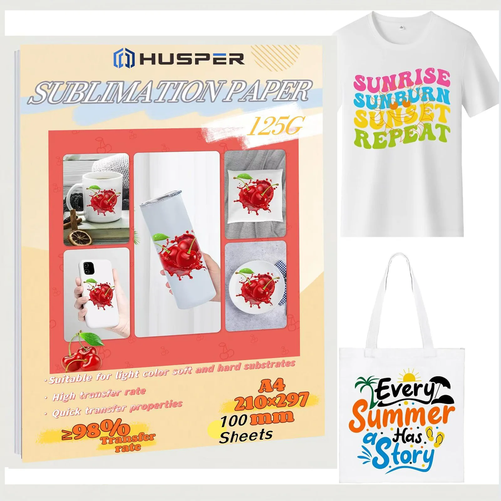 HUSPER 125 g A4 100 Blatt Sublimationspapier Wärmeübertragungspapier Tintenstrahldrucker mit Sublimationstinte für T-Shirt Image