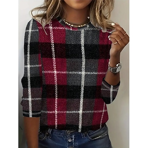 Damen T Shirt Druck Grafik Geometrisch Karomuster Vintage Mode Stilvoll Langarm Rundhalsausschnitt Rundhals Normale Oberteile Täglich Wochenende Wein Frühling Herbst Winter Image