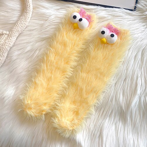 Einzigartige und lustige hässliche Socken, flauschige Monstersocken für Damen, weiche, plüschige Wintersocken mit Alien-Design, 3D-Augen und Lächeln, gemütliche, neuartige, pelzige Hausschuhsocken für Image