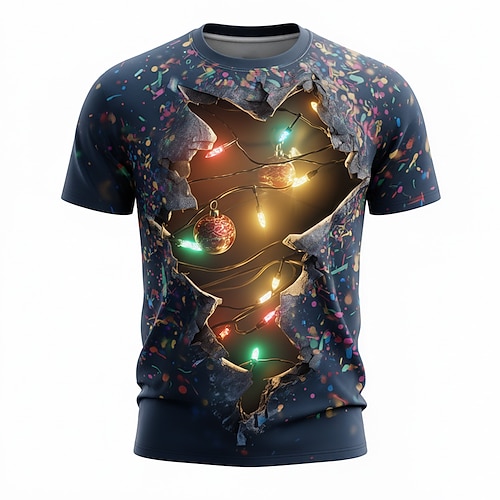 Weihnachten Herren Optische Täuschung 3D T Shirt Kurzarm T-Shirt 3D-Druck Rundhalsausschnitt Hemd Täglich Designer Künstlerisch Urlaub Party Straße Schwarz 1 Schwarz 3 Schwarz 2 Ganzjahres Bekleidung