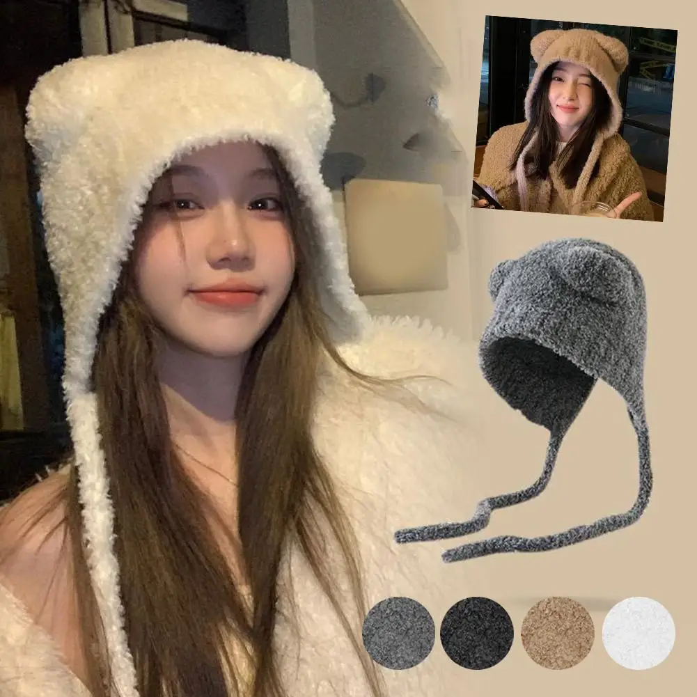 NEUE Winter-Plüschmütze, niedliche Bärenohr-Wollmütze für Frauen und Mädchen, niedliche Ohrenschützer, winddichte Strickmütze für kaltes Wetter Image