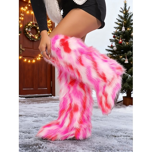 Kniehohe Damenstiefel aus Kunstpelz – Schwarz-Weiß-Print, gemütliche Winterschuhe für modischen Kaltwetter- und Urlaubsstil Image