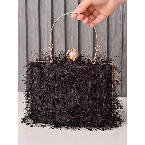 Weihnachtsparty-Handtasche für Damen – elegante rot-grüne Abendtasche mit Federn, goldenem Griff und Perlenverschluss – Weihnachtsgeschenk für Damen – schicker festlicher Stil für Weihnachtsfeiern