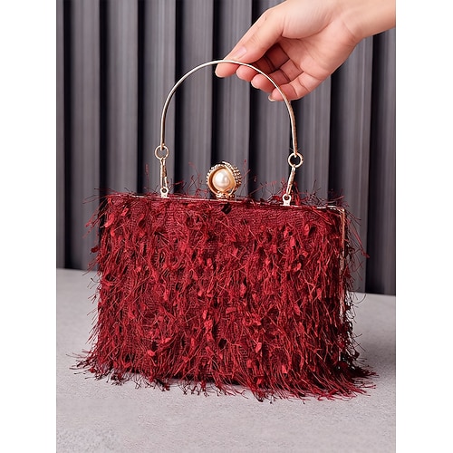Weihnachtsparty-Handtasche für Damen – elegante rot-grüne Abendtasche mit Federn, goldenem Griff und Perlenverschluss – Weihnachtsgeschenk für Damen – schicker festlicher Stil für Weihnachtsfeiern