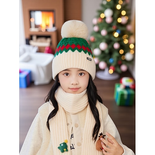 Weihnachtsmütze- und Schal-Set für Kinder, weiche Wintermütze aus Strick mit Bommel und Rentierschal, mehrere Farben, perfekt als Weihnachtsgeschenk und für Winterfeiern Image