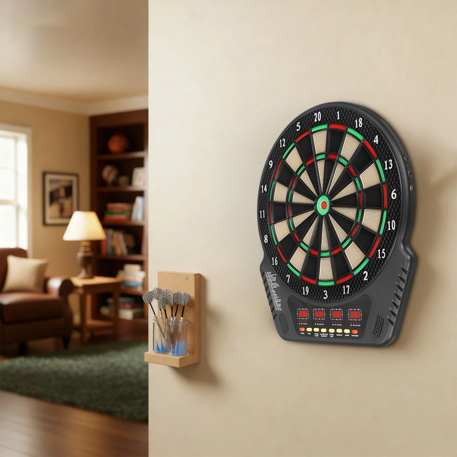 Elektronische Dartscheibe mit 6 Darts-LED-Anzeigen, automatische Punktion, 27 Spielmodi, unterstützt bis zu 16 Spieler Image