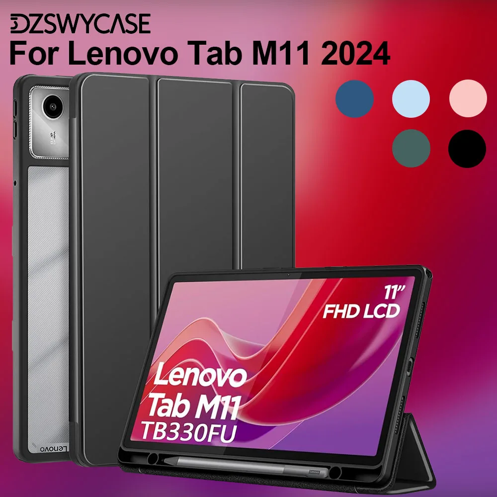 Hülle für Lenovo Tab M11 11 Zoll 2024 mit Stifthalter, transparente, harte PC-Rückseite, dreifach faltbare Ständerhülle für Auto Wake/Sleep Image